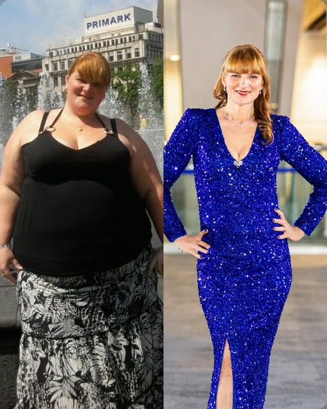 Customer before and after in a blue evening dress