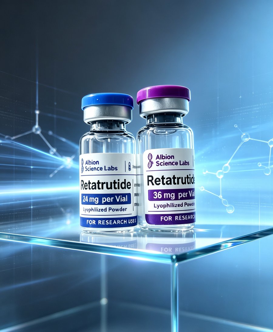 Albion Science Labs Retatrutide 24 mg and 36 mg per vial, lyophilized powder — for research use only